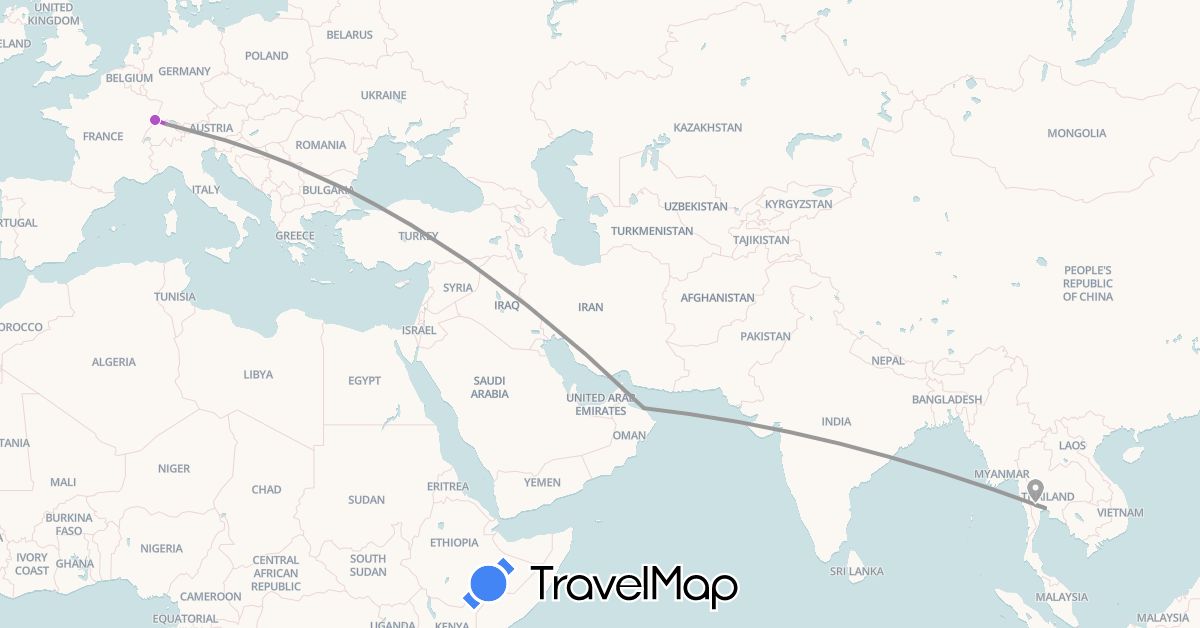 TravelMap itinerary: plane, train in Switzerland, France, Oman, Thailand (Asia, Europe)